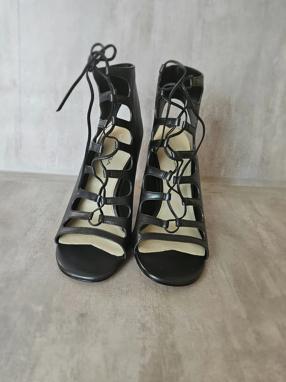 Via Spiga Black Leather Lace-Up Heels Sandals Stilettos Size US 7